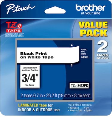 Brother P-touch TZe-241 Laminated Label Maker Tape, 3/4 x 26-2/10, Black On White, 2/Pack (TZe-241
