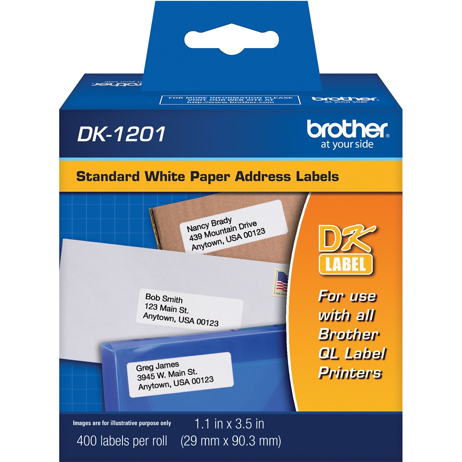 Brother DK-1201 Standard Address Paper Labels, 3-1/2 x 1-1/10, Black on White, 400 Labels/Roll (DK-1201)