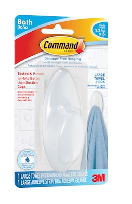 Command Large Towel Hooks, White, 1 Hook, 1 Large Water-Resistant Strip/Pack (BATH17-3ES)