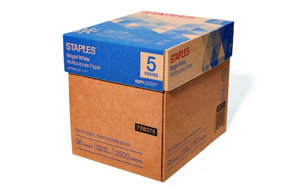Staples 8.5 x 11 Multipurpose Paper, 22 lbs., 98 Brightness, 2500/Carton (16345-US)