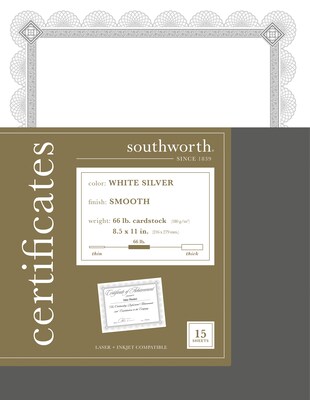 Southworth Premium Spiro Design Certificates, 8.5 x 11, White/Silver, 15/Pack (CTP2W)