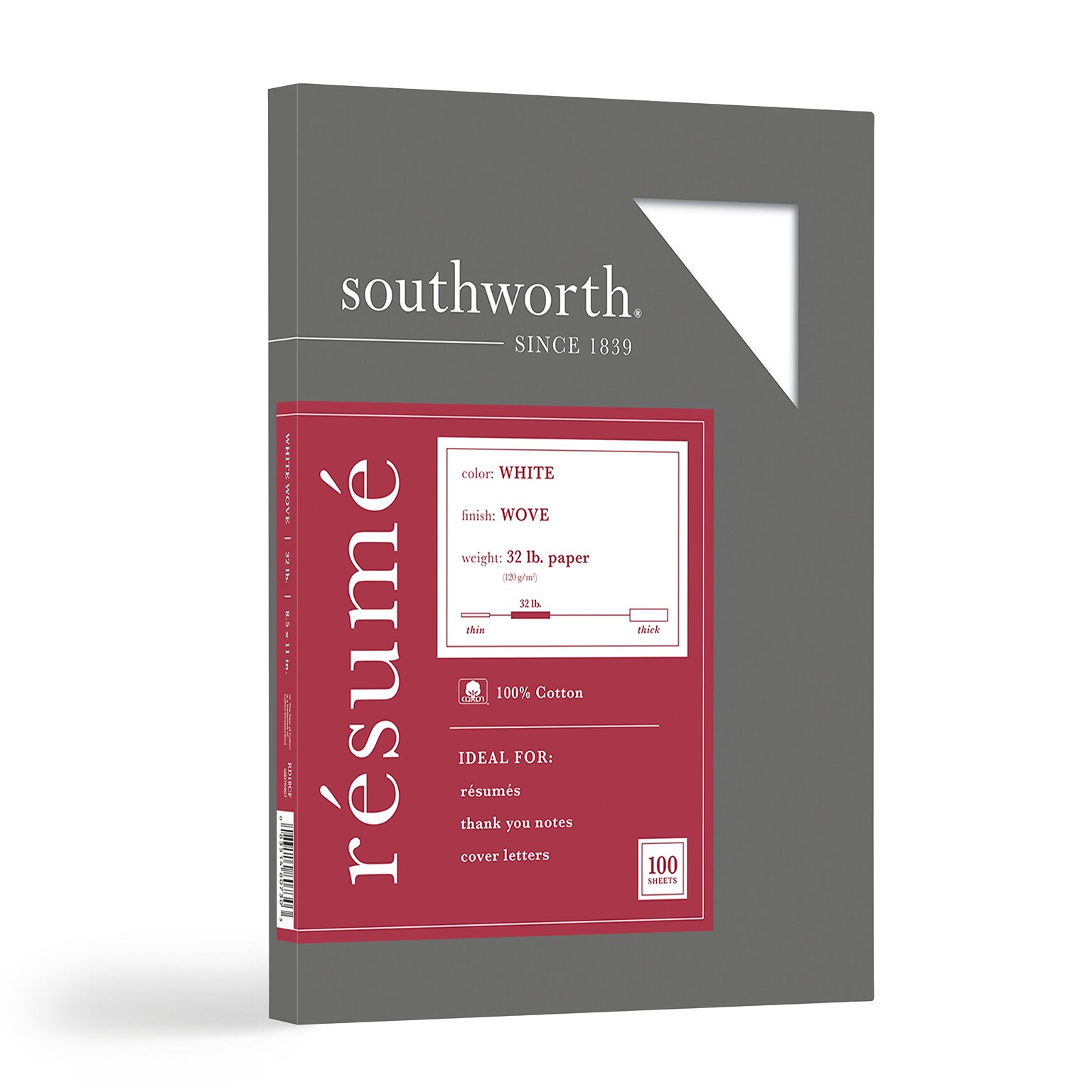Southworth Resume Paper, 8.5 x 11, 32 lb., Wove-Finish, White, 100 Sheets/Pack (RD18CF)