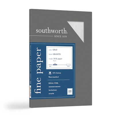 Southworth Granite Specialty Paper, 8.5 x 11, 24 lb., Smooth Finish, Gray, 100 Sheets/Box (P914CK)