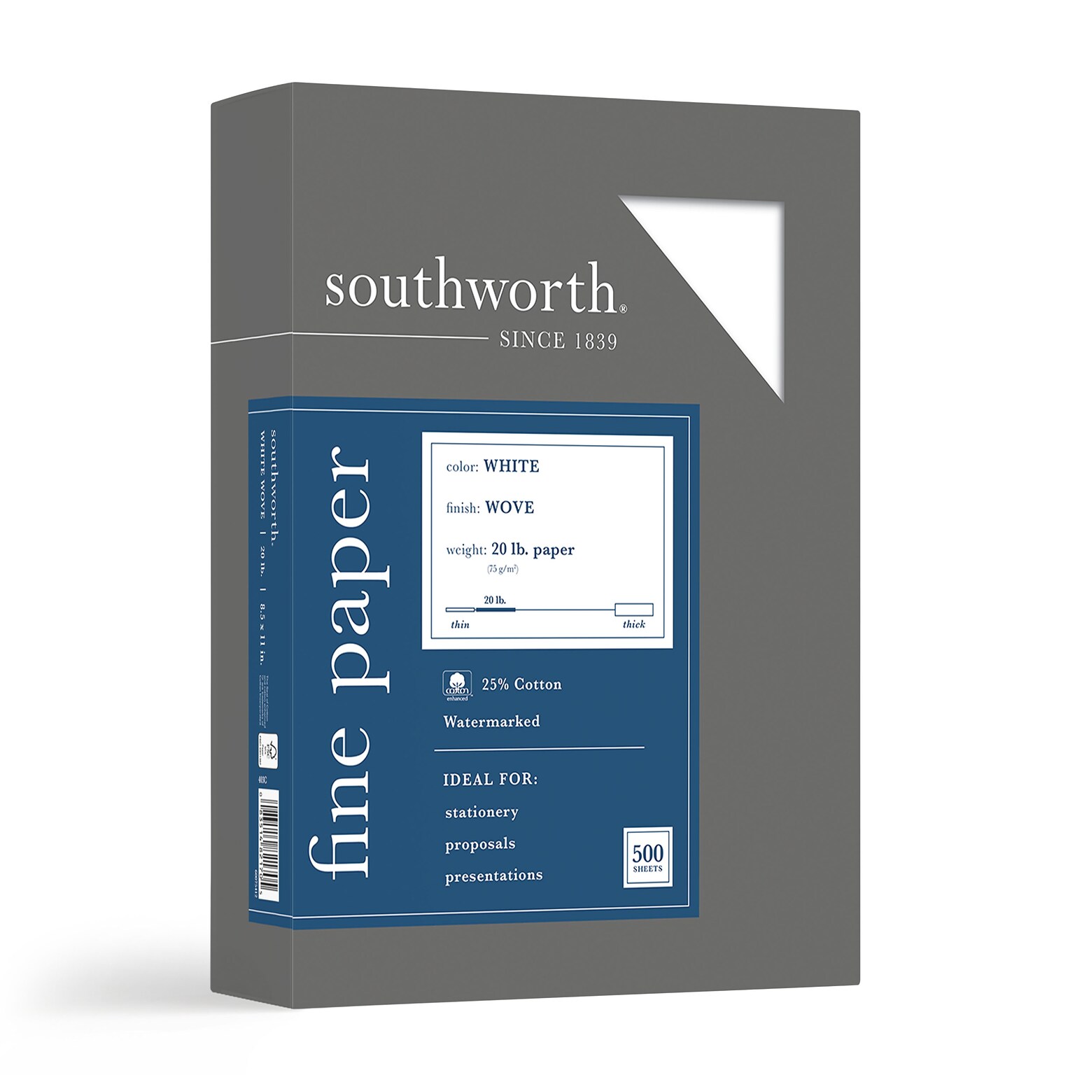 Southworth Fine Paper, 8.5 x 11, 20 lb., Wove-Finish, White, 500/Box (403C)