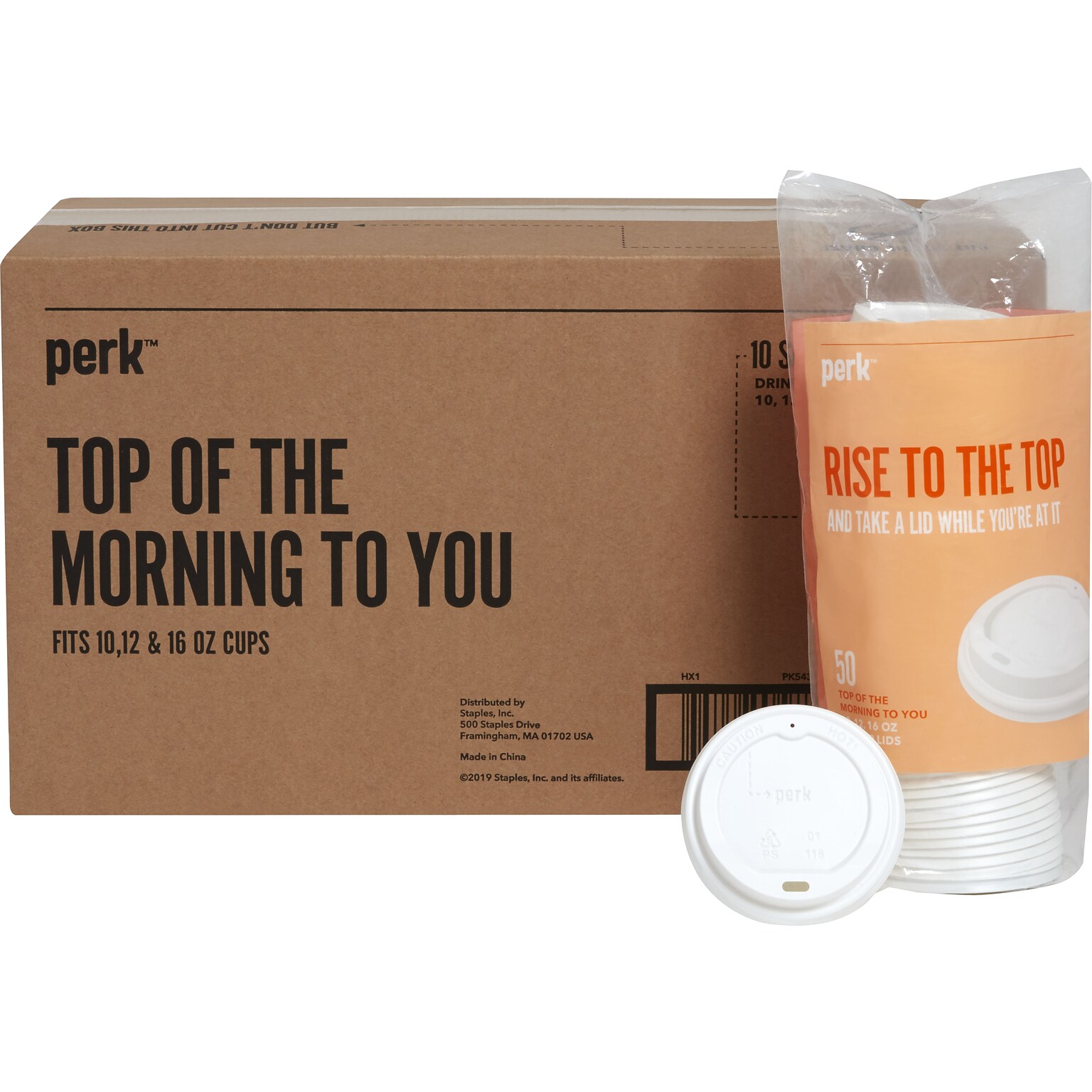 Perk™ Plastic Hot Cup Lid, 10/12/16 Oz., White, 500/Carton (PK54369CT)