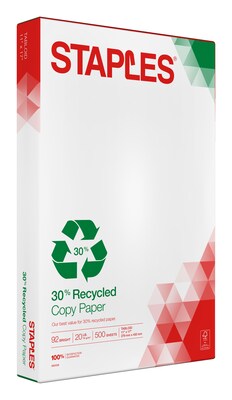 Staples 30% Recycled 11 x 17 Copy Paper, 20 lbs., 92 Brightness, 500/Ream (112390)