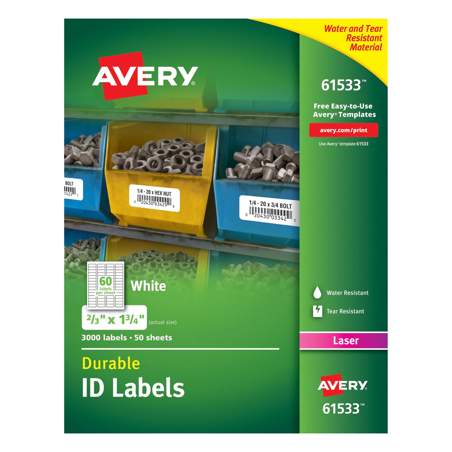 Avery Durable ID Labels, Permanent Adhesive, 3000 Labels, 0.67H x 1.75W, Rectangle, Laser, White, Polyester, 50 Sheet