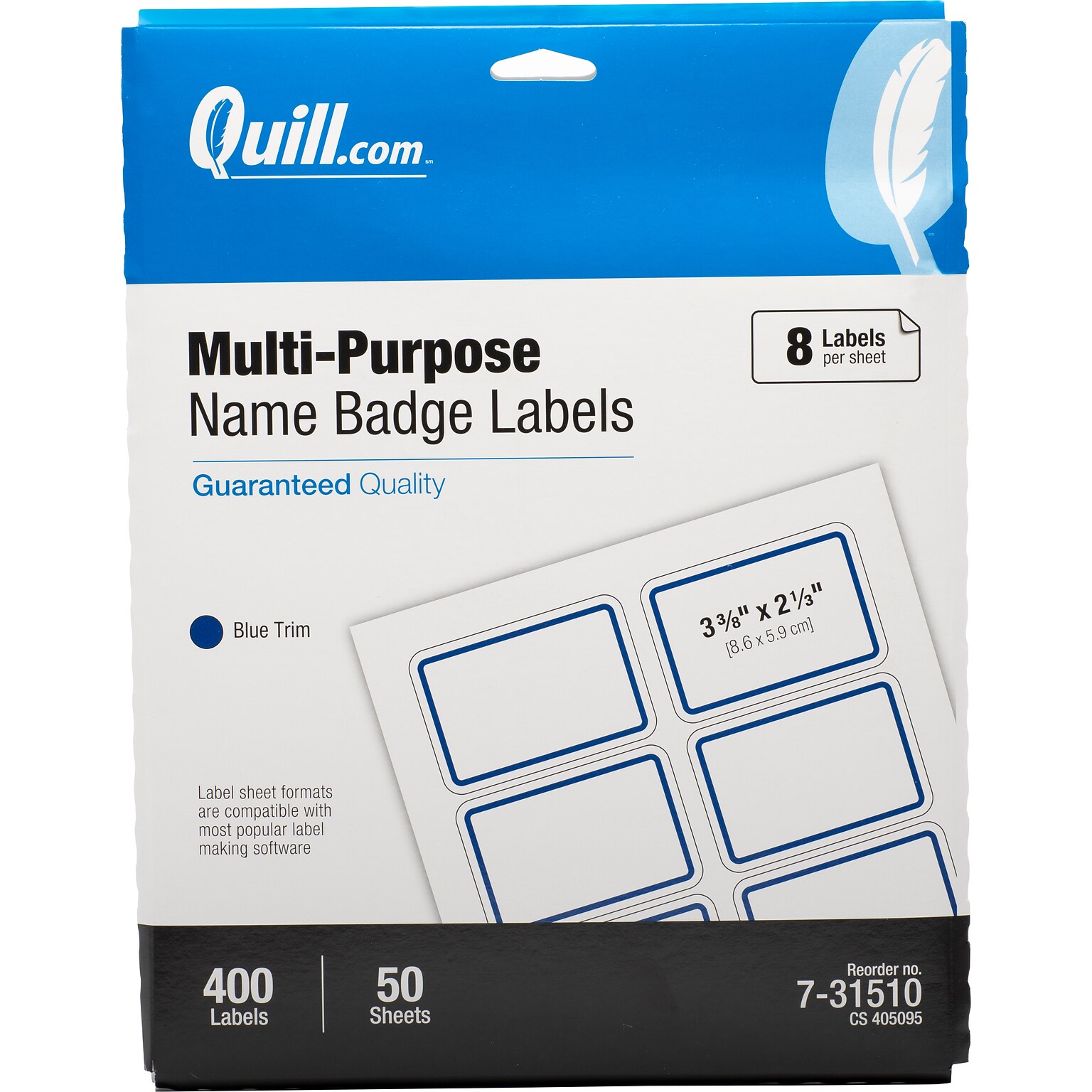 Quill Brand Self Adhesive Name Badges, 2-1/3 x 3-3/8, White/Blue, 8 Labels/Sheet, 50 Sheets/Pack (Compare to Avery 5895)