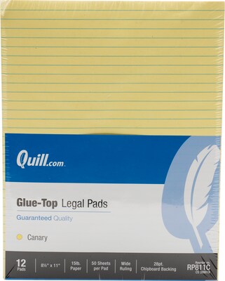 Quill Brand® Glue-Top Legal Pad, 8-1/2" x 11", Wide Ruled, Canary Yellow, 50 Sheets/Pad, 72 Pads/Carton (RP811CCT)