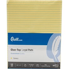 Quill Brand® Glue-Top Legal Pad, 8-1/2 x 11,  Wide Ruled, Canary Yellow, 50 Sheets/Pad, 12 Pads/Pa