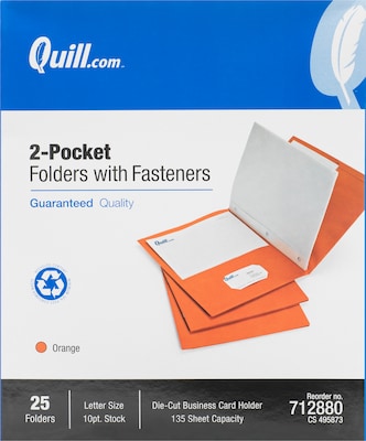 Quill Brand® 2-Pocket Folders With Fasteners, Orange, 25/Box (712880)