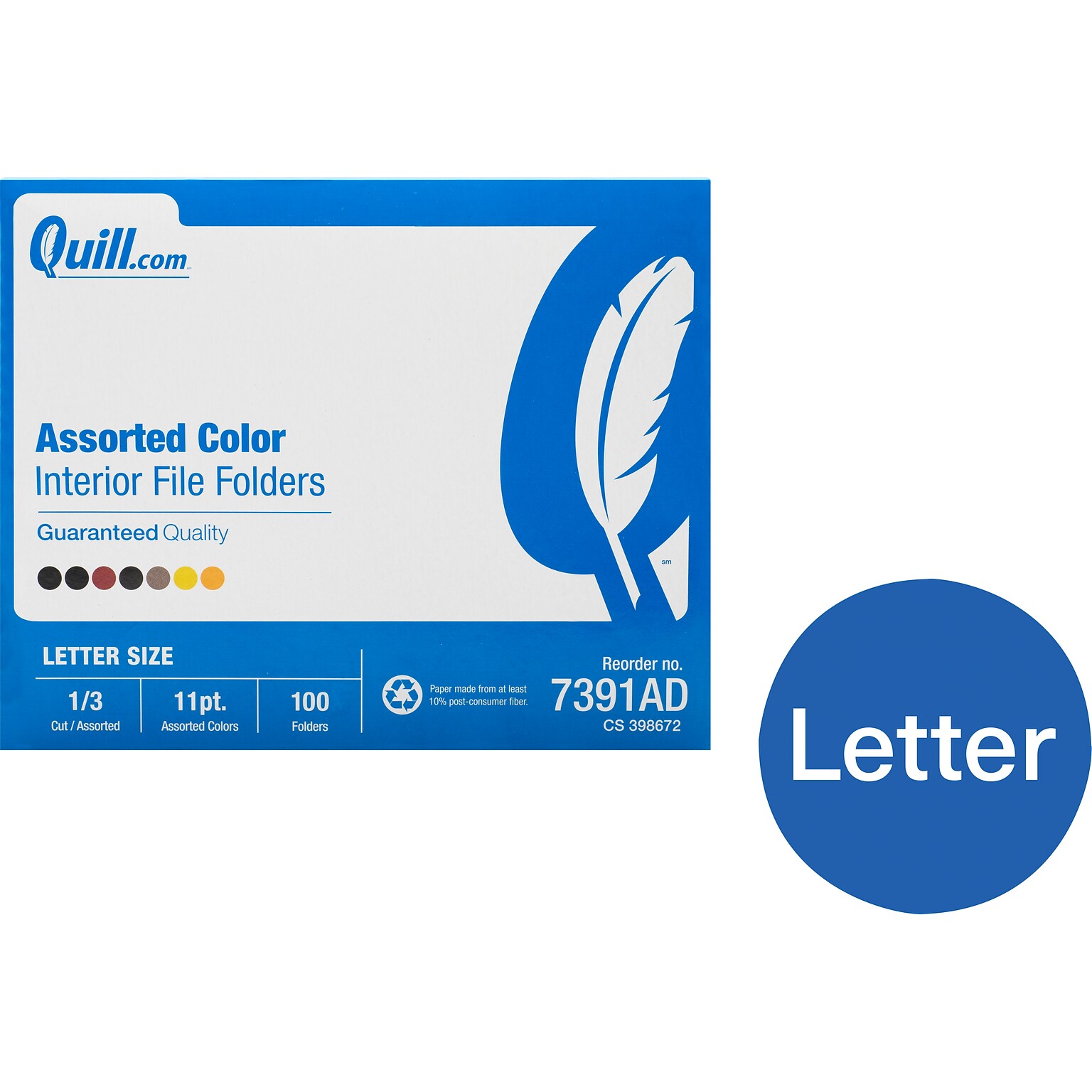 Quill Brand® File Folders, 1/3-Cut, Letter Size, Assorted, 100/Box (7391AD)