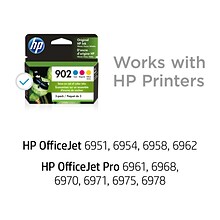 HP 902 Cyan/Magenta/Yellow Standard Yield Ink Cartridge, 3/Pack (T0A38AN#140), print up to 315 pages