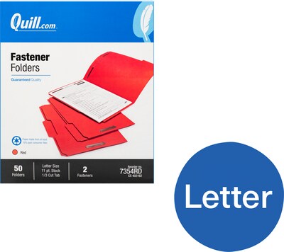 Quill Brand®  1/3-Cut Assorted 2-Fastener Folders, Letter, Red, 50/Box (7354RD)