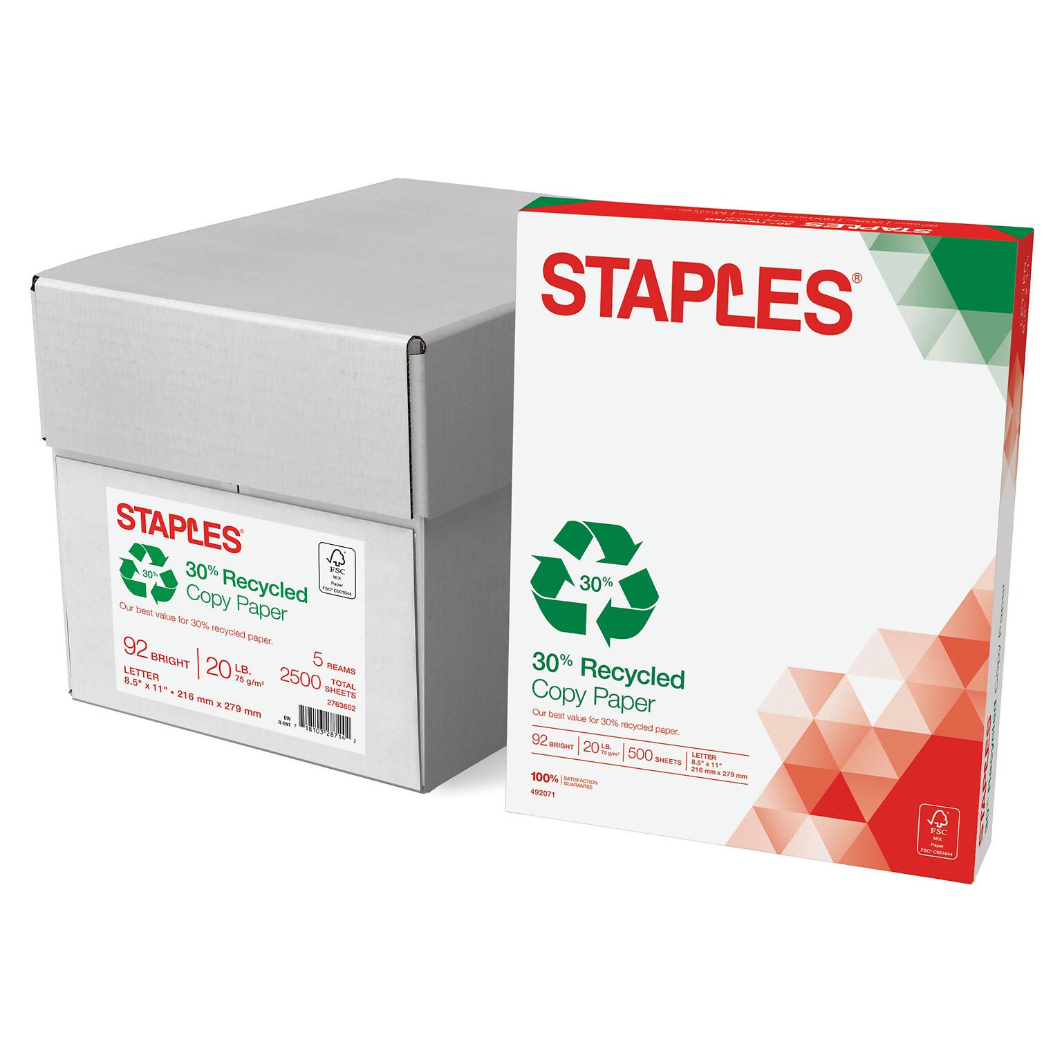 Staples 30% Recycled 8.5 x 11 Copy Paper, 20 lbs., 92 Brightness, 500 Sheets/Ream, 5 Reams/Carton (51959-US)