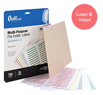 Quill Brand® Laser/Inkjet File Folder Label, 2/3 x 3-7/16, Assorted, 750 Labels (Comparable to Avery 5266)