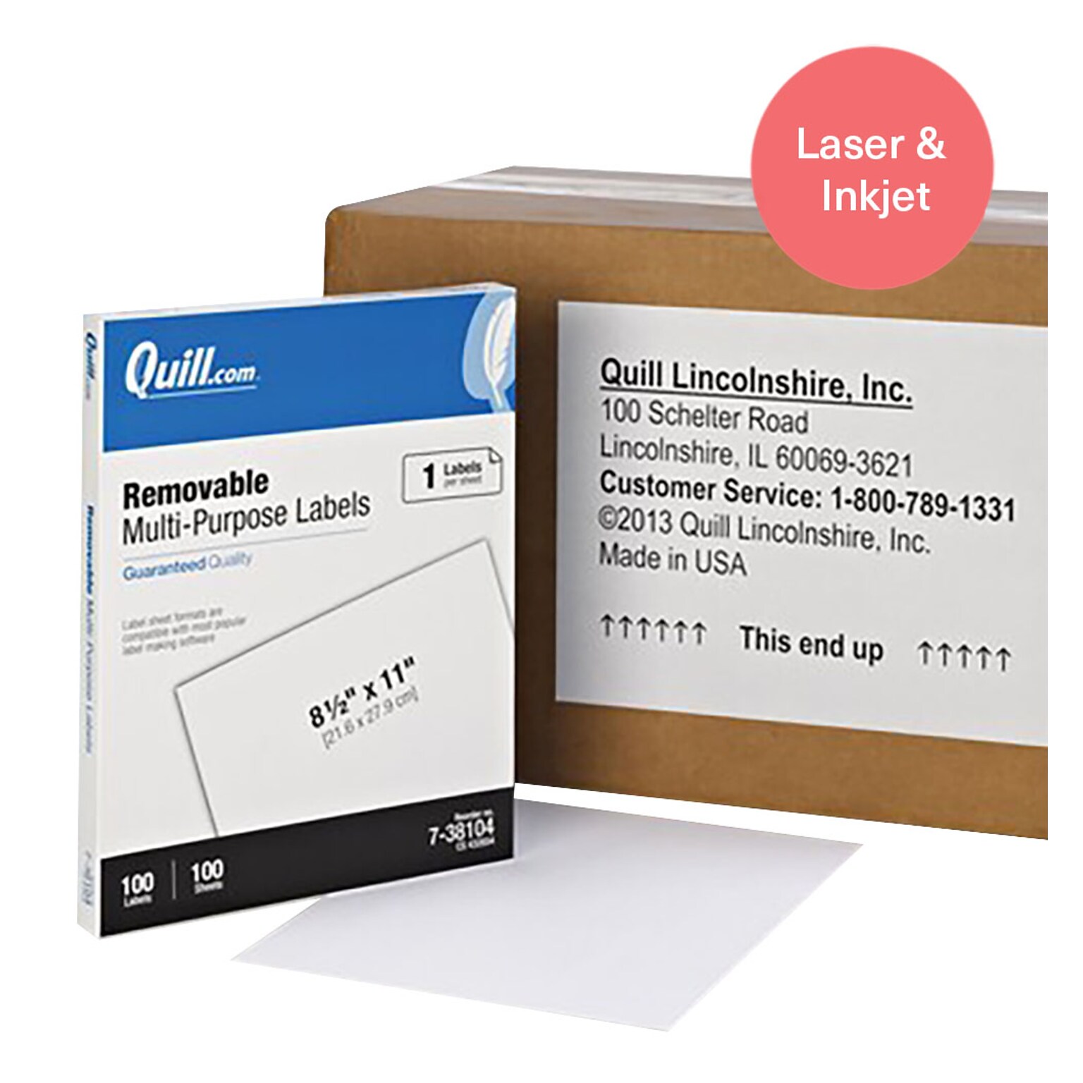 Quill Brand® Removable Laser/Inkjet Labels, 8-1/2 x 11, White, 100 Labels (Comparable to Avery 6465)