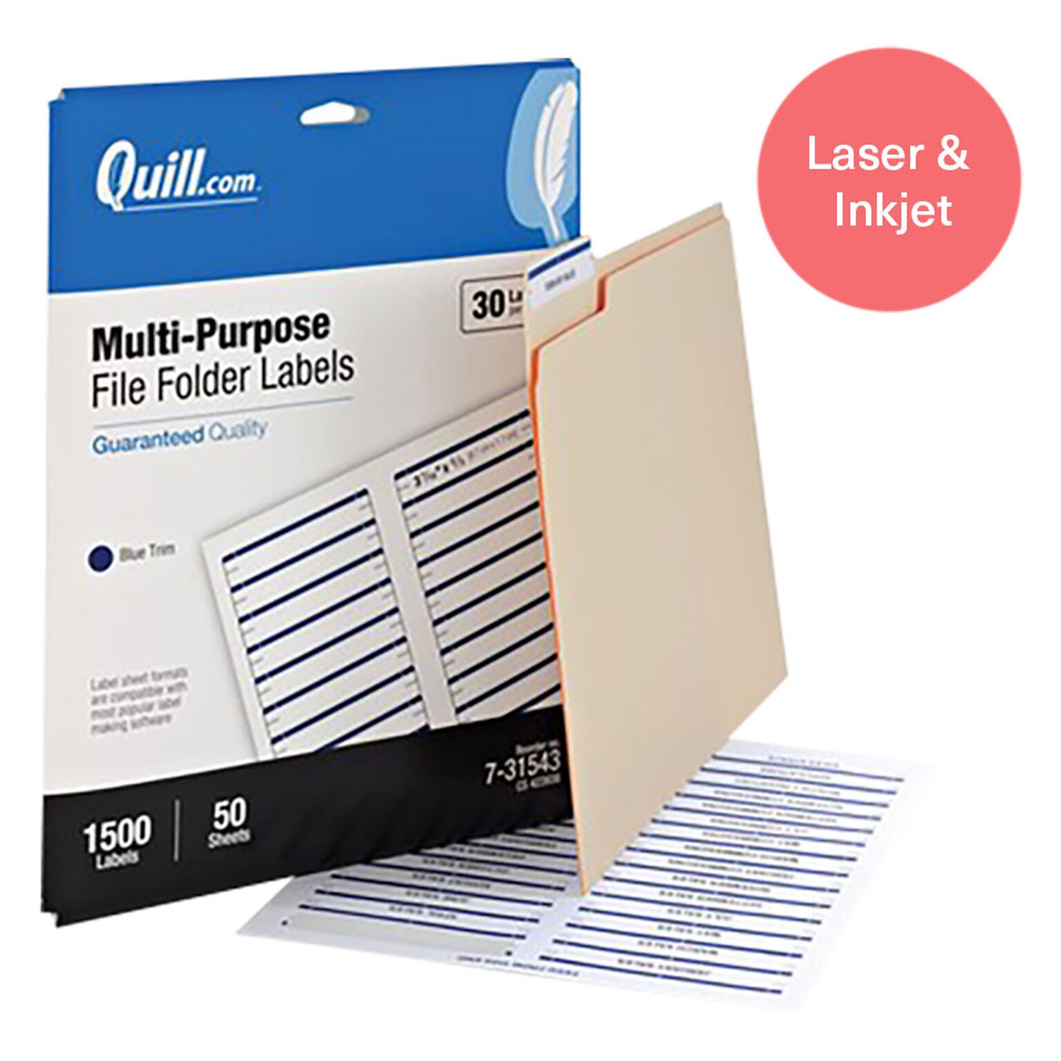 Quill Brand® Laser/Inkjet File Folder Labels, 2/3 x 3-7/16, Blue, 1,500 Labels (Comparable to Avery 5766)