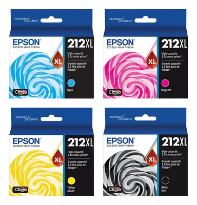 Epson T212XL Black/Cyan/Magenta/Yellow High Yield Ink Cartridges, 4/Pack