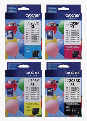 Brother LC203 Black, Cyan, Magenta, Yellow High Yield Ink, 4/Pack