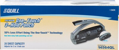 Quill Brand® One-Touch 3-Hole Punches, 20-Sheet Capacity, Silver/Black (14564-QCC)