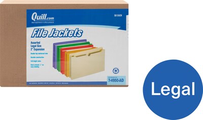 Quill Brand® Reinforced File Jacket, 2 Expansion, Legal Size, Assorted, 50/Box (74950AD)