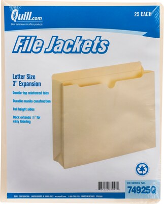 Quill Brand® File Jacket, 3" Expansion, Letter Size, Manila, 25/Pack (74925Q)