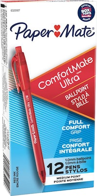 Paper Mate ComfortMate Ultra Retractable Ballpoint Pen, Medium Point, Red Ink, Dozen (6320187)