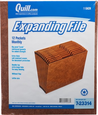 Quill Brand® Heavy-Duty Reinforced Expanding File, Monthly Index, 12 Pockets, Letter Size, Brown (72