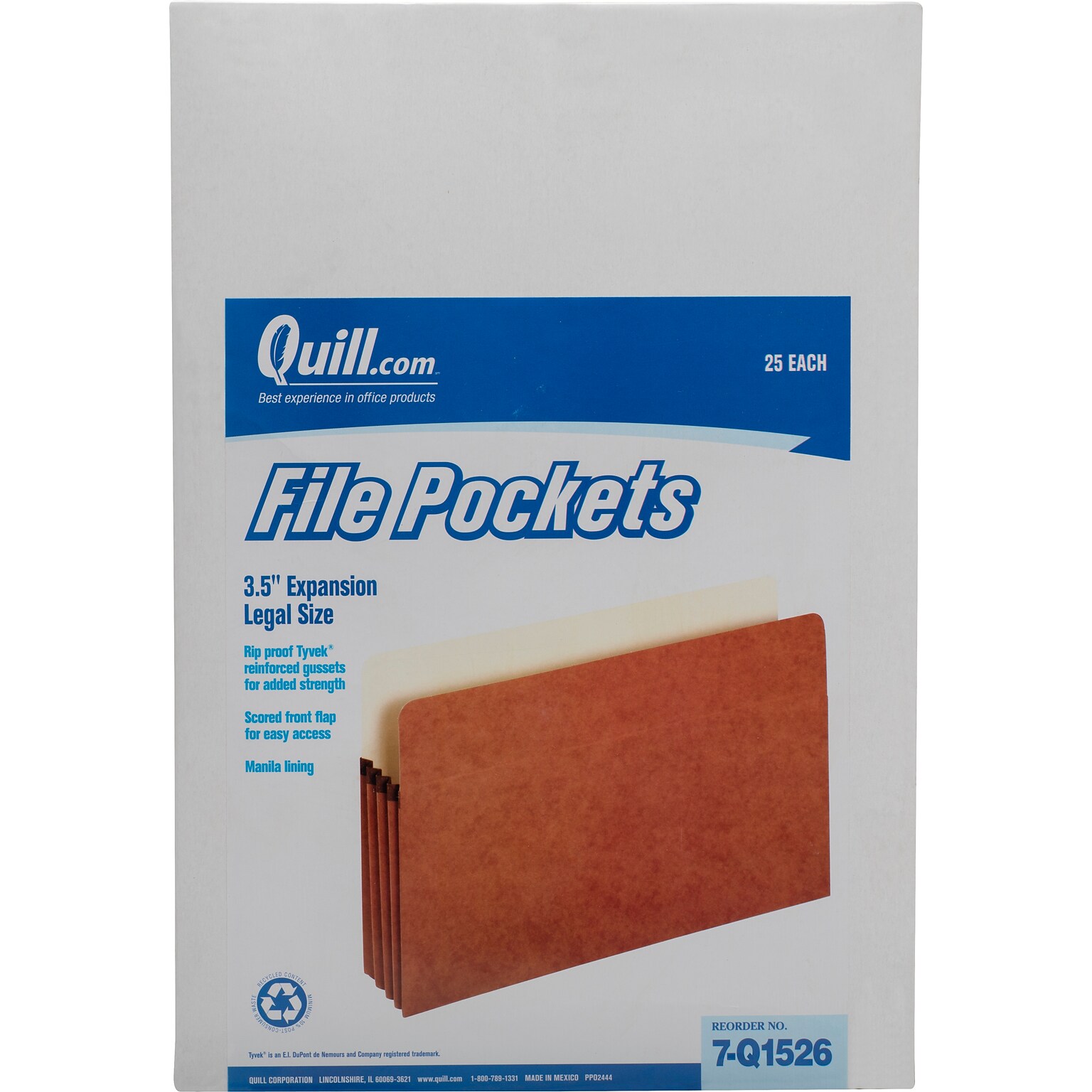 Quill Brand® Reinforced File Pocket, 3 1/2 Expansion, Legal Size, Brown, 25/Box (7Q1526)