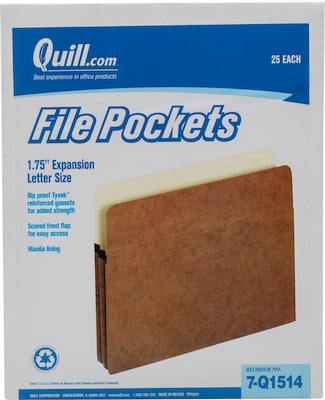 Quill Brand® Reinforced File Pocket, 1 3/4 Expansion, Letter Size, Brown, 25/Box (7Q1514)