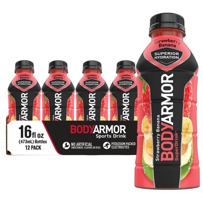 BodyArmor SuperDrink Strawberry Banana Sports Drink, 16 Oz. Bottle, 12/Pack (100003-1.4)