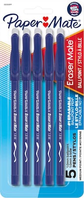 Paper Mate Eraser Mate Erasable Ballpoint Pen, Medium Point, Blue Ink, 5/Pack (3153558PP)