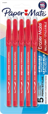 Paper Mate Eraser Mate Erasable Ballpoint Pen, Medium Point, Red Ink, 5/pk (31735)