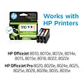 HP 910 Cyan/Magenta/Yellow Standard Yield Ink Cartridge, 3/Pack (3YN97AN#140), print up to 315 pages