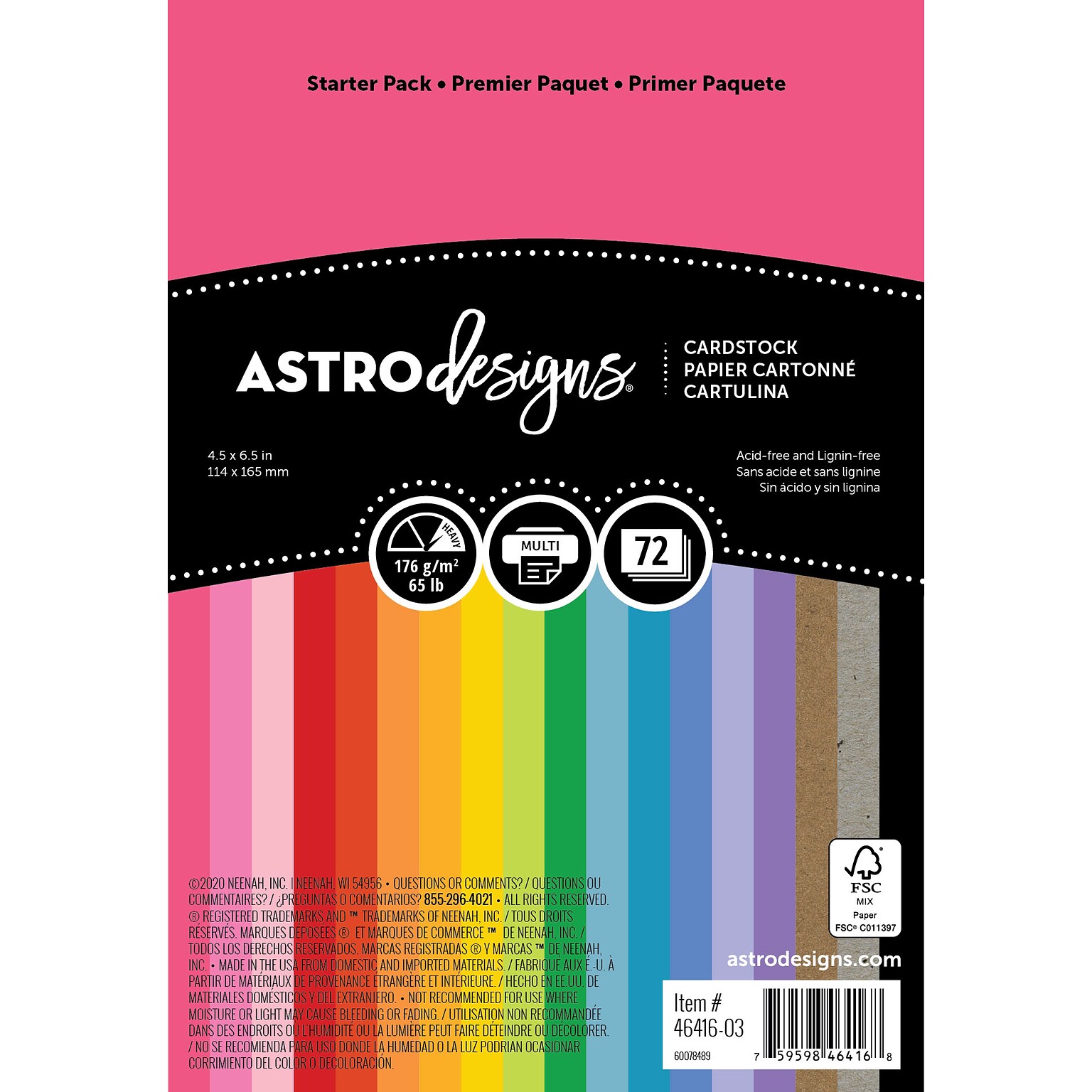 Astrodesigns 4.5 x 6.5 Cardstock Paper, 65 lbs., Assorted Colors, 72 Sheets/Pack (46416-03)