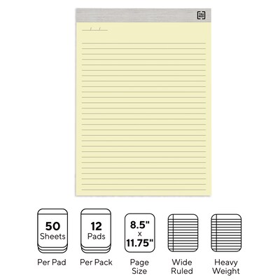 TRU RED™ Notepads, 8.5" x 11.75", Wide Ruled, Canary, 50 Sheets/Pad, 12 Pads/Pack (TR57381)
