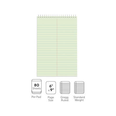 Staples Steno Pads, 6 x 9, Gregg Ruled, Green, 80 Sheets/Pad, Dozen Pads/Pack (ST57353)
