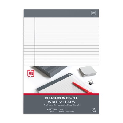 TRU RED™ Notepads, 8.5" x 11.75", Wide Ruled, White, 50 Sheets/Pad, 12 Pads/Pack (TR57367)