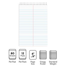 Staples Steno Pads, 6 x 9, Gregg Ruled, White, 80 Sheets/Pad, Dozen Pads/Pack (ST57354)