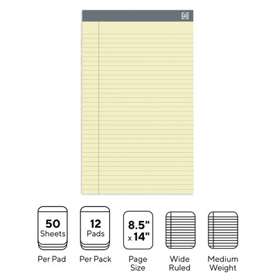 TRU RED™ Notepads, 8.5" x 14", Wide Ruled, Canary, 50 Sheets/Pad, 12 Pads/Pack (TR57371)