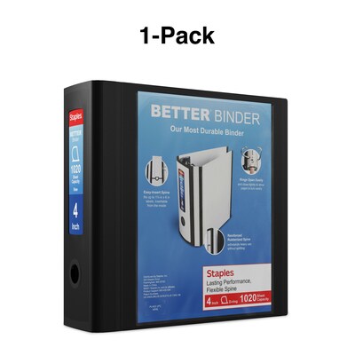 Staples® Better 4" 3 Ring View Binder with D-Rings, Black (44103)