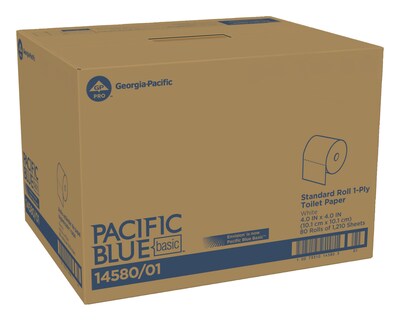 Pacific Blue Basic Recycled Toilet Paper, 1-Ply, White, 1210 Sheets/Roll, 80 Rolls/Carton (1458001/14500)