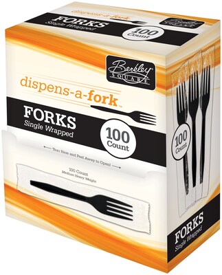 Berkley Square Dispens-A-Fork Plastic Forks, Medium-Weight, Black, 100/Box (1223002)