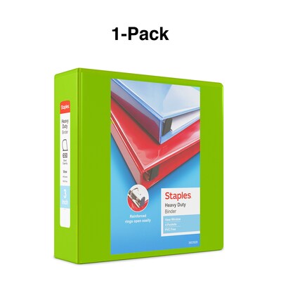 Staples® Heavy Duty 3" 3 Ring View Binder with D-Rings, Chartreuse (ST56322-CC)