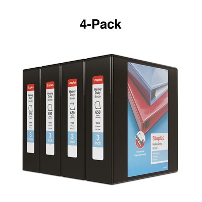 Staples® Heavy Duty 3" 3 Ring View Binder with D-Rings, Black, 4/Pack (24690CT)