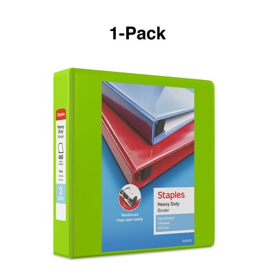 Staples® Heavy Duty 2" 3 Ring View Binder with D-Rings, Chartreuse (56321-CC/24687)