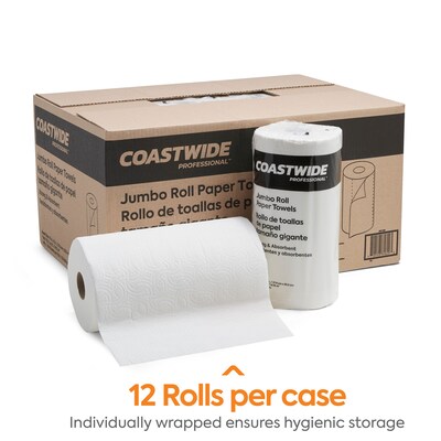 Coastwide Professional Jumbo Kitchen Rolls Paper Towel, 2-Ply, White, 250 Sheets/Roll, 12 Rolls/Carton (CW21806)