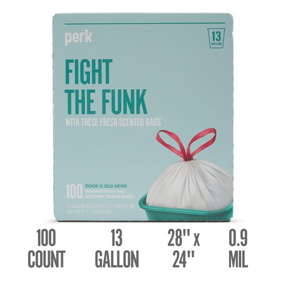 Perk™ 13 Gallon Scented Kitchen Trash Bag, 28 x 24, Low Density, 0.9 mil, White, 100 Bags/Box (PK5