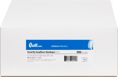 Quill Brand EasyClose Security Tinted #10 Business Envelopes, 4 1/8" x 9 1/2", White, 500/Box (3016453)